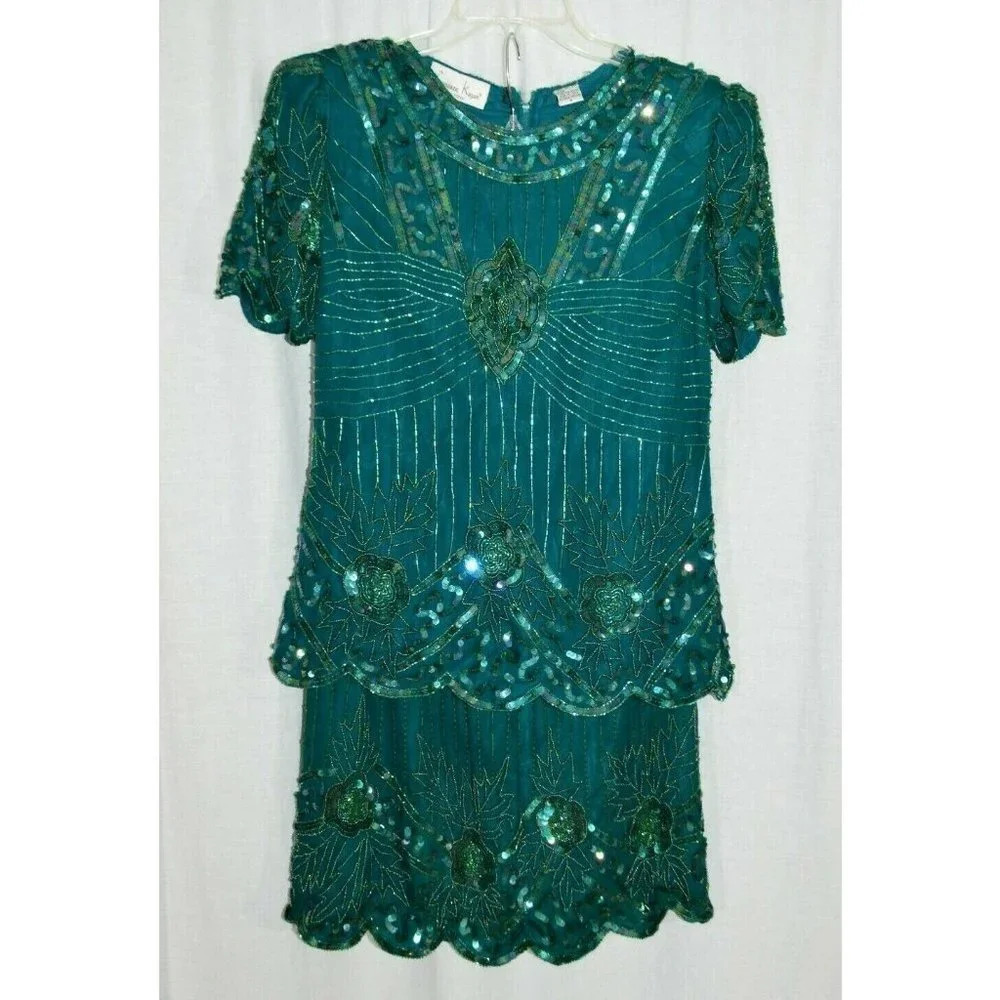 Laurence Kazar Small Dress Green Silk Beaded Sequi